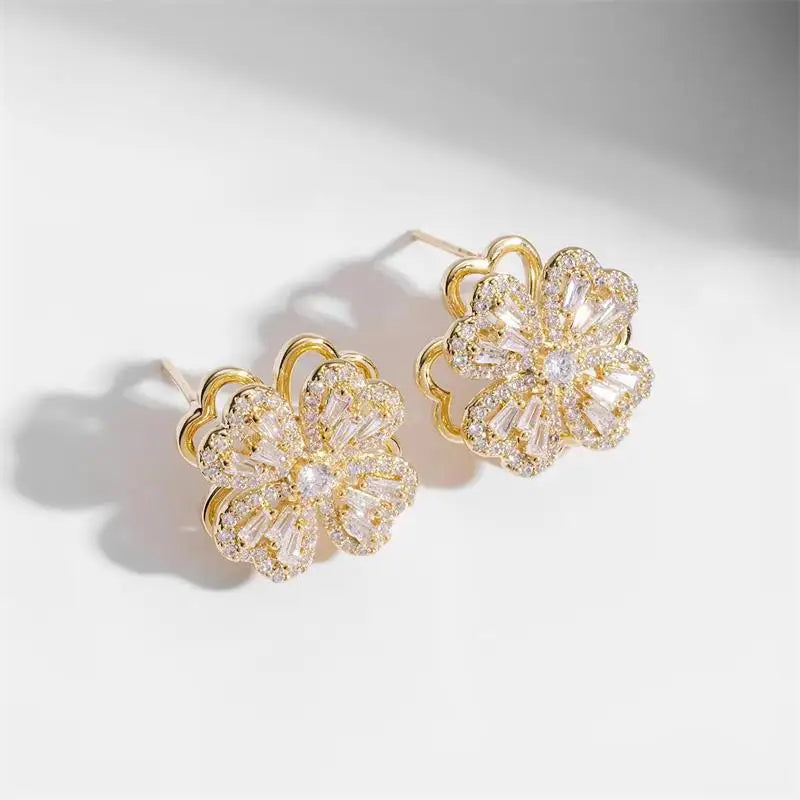 Rotating Micro-embellished Jewelry Lucky Flower Earrings Light Luxury Fashion Simple Versatile Stainless Steel Earrings