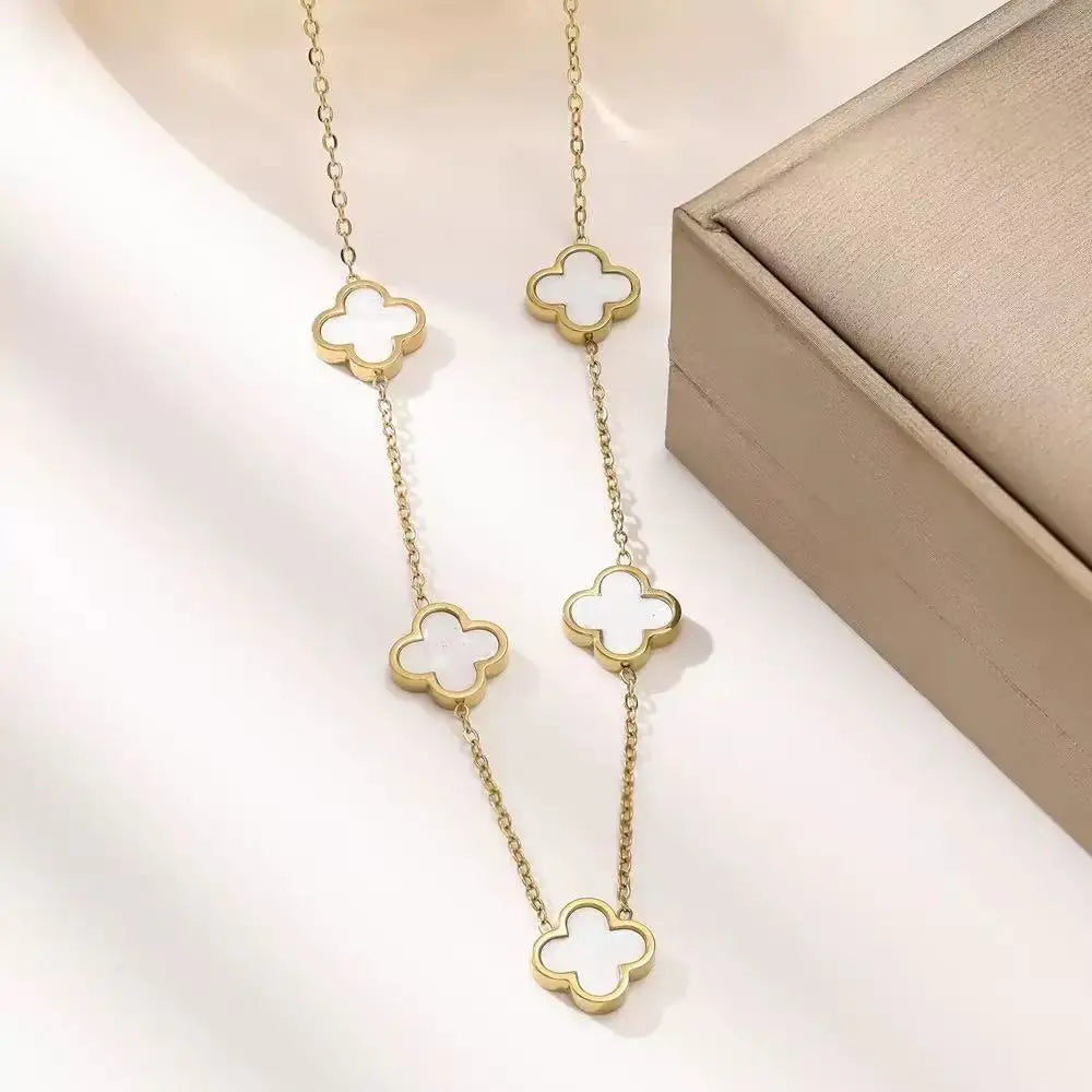 Fashionable Lightweight Luxury Stainless Steel One-Sided Mother-Of-Pearl Four-Leaf Clover Necklace 18K High-End Collarbone Chain
