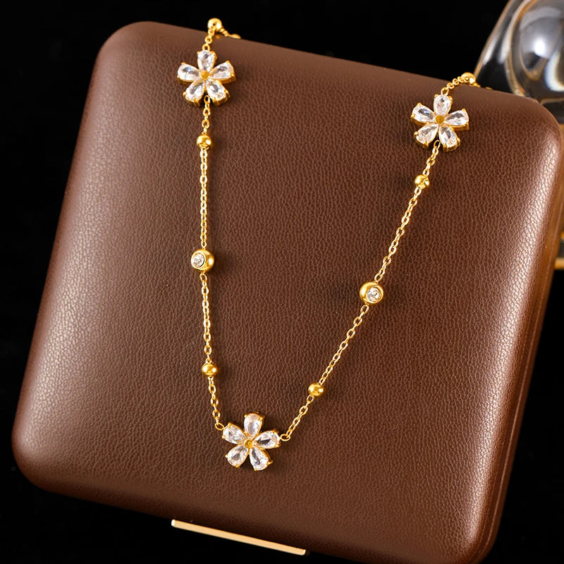 GANEMLY 316L Stainless Steel Clover Flower Zircon Necklace For Women 2025 Fashion Clavicle Neck Chain Waterproof Jewelry Gift