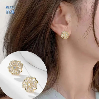 Rotating Micro-embellished Jewelry Lucky Flower Earrings Light Luxury Fashion Simple Versatile Stainless Steel Earrings