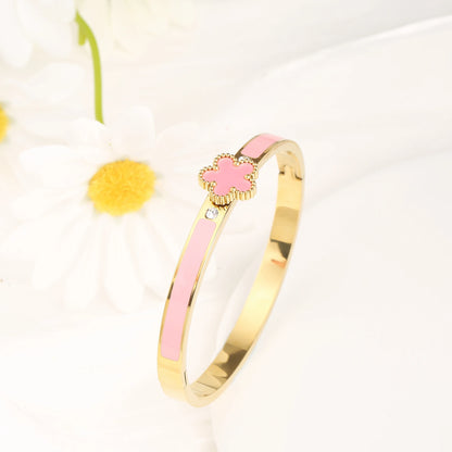 6 Colors Classic Luxury Stainless Steel Five Leaf Flower Open Bangle Simple for Woman Girl Party Trend Enamel Jewelry  Clover