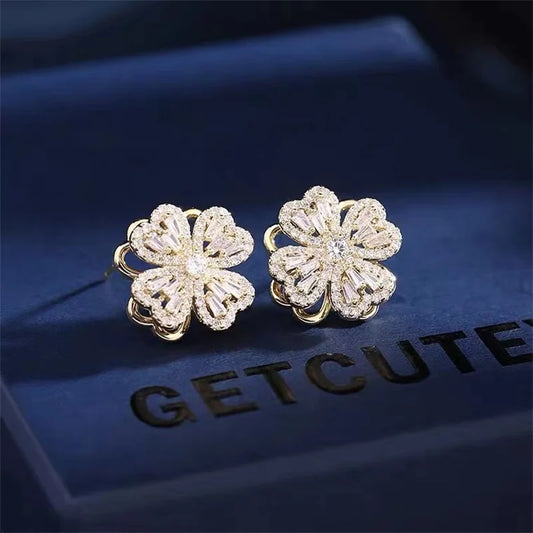 Rotating Micro-embellished Jewelry Lucky Flower Earrings Light Luxury Fashion Simple Versatile Stainless Steel Earrings
