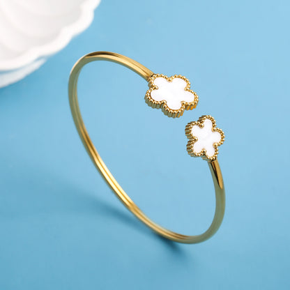 Simple Stainless Steel Shell Five-Leaf Flower OpenS Bangle Classic Luxury For Man Woman Daily Party Birthday Jewelry Gift Clover