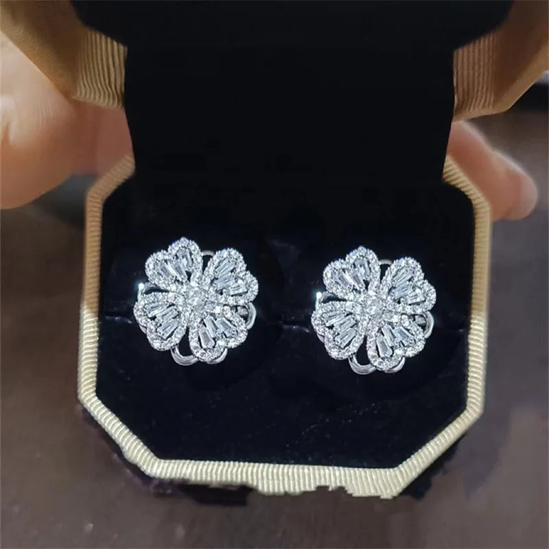 Rotating Micro-embellished Jewelry Lucky Flower Earrings Light Luxury Fashion Simple Versatile Stainless Steel Earrings