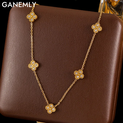GANEMLY 316L Stainless Steel Clover Flower Zircon Necklace For Women 2025 Fashion Clavicle Neck Chain Waterproof Jewelry Gift