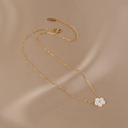 Stainless Steel White Shell Flower Pendant Necklace For Women Girls Gold Color Cute Clavicle Chain Jewelry Wedding Birthday Gift