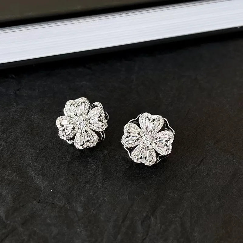 Rotating Micro-embellished Jewelry Lucky Flower Earrings Light Luxury Fashion Simple Versatile Stainless Steel Earrings