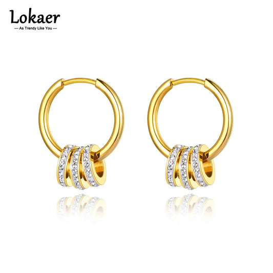 Lokaer Stainless Steel Geometric Circle Hoop Earrings Trendy Green CZ Crystal Bohemia Party Earrings For Women Girls E22020
