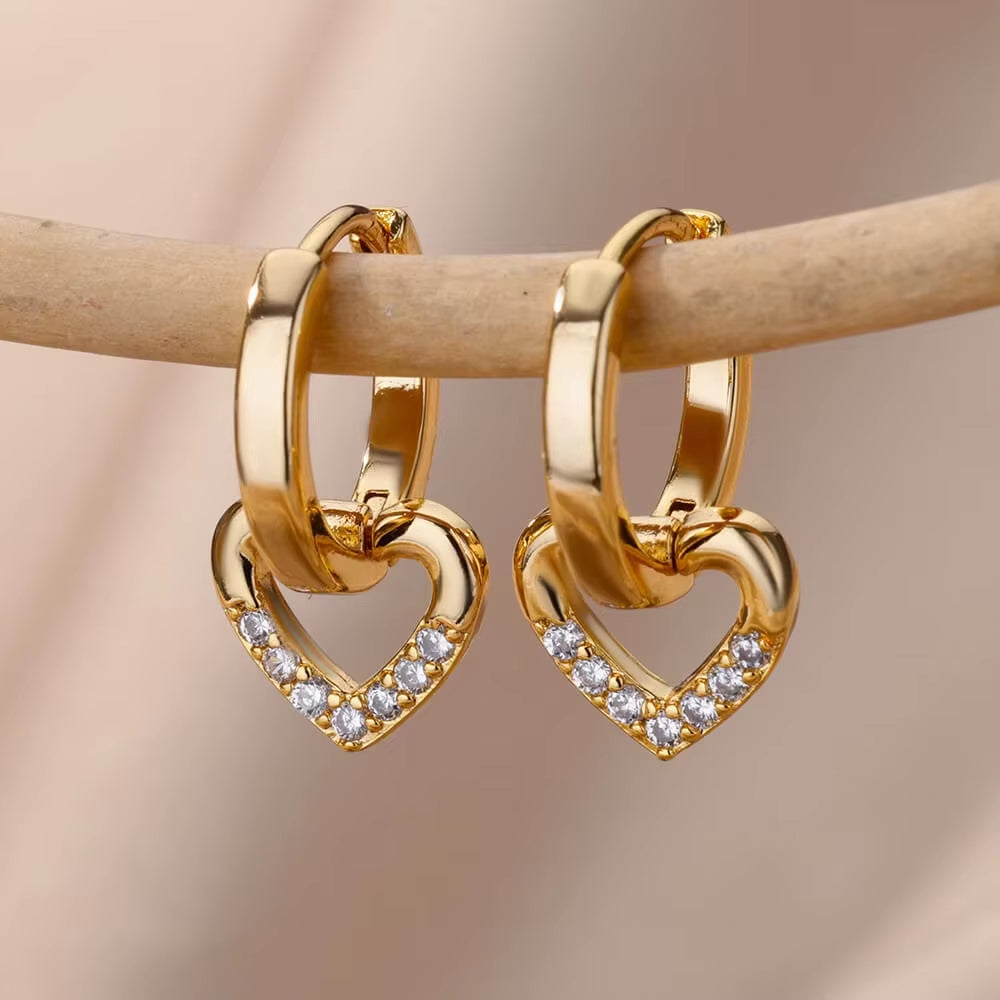 1Pair Hollow Zircon Heart Earrings for Women Stainless Steel Gold Color Dangle Heart Earring Luxury Wedding Couple Jewelry