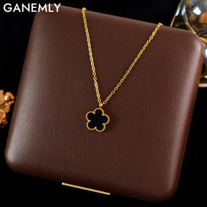 316L Stainless Steel Black Clover Plum Flower Pendant Necklace for Women Fashion Neck Chain Waterproof Jewelry Gift
